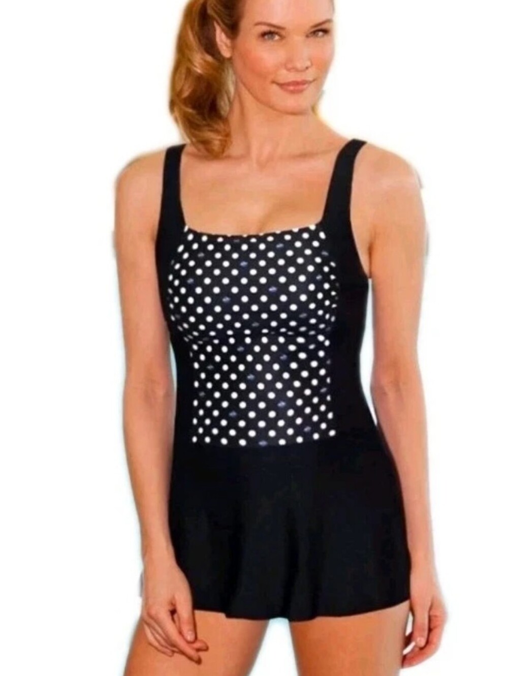 NEW CHLORINE RESISTANT AQUAMORE SWIMMER DOT PRINT BLOCK SKATER SWIMDRESS SIZE 16